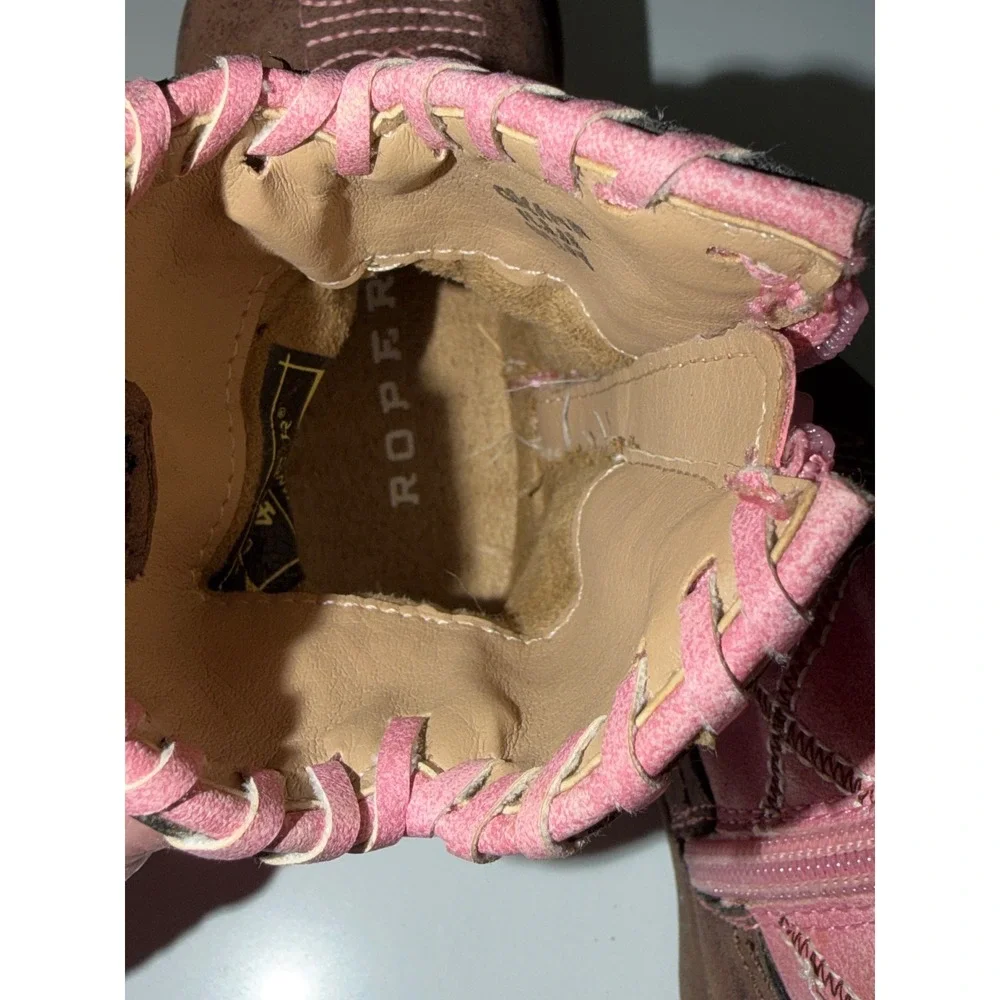 Roper Infant Girls Pink Brown Western Cowboy Boots Size 4 Side Zip Stitching